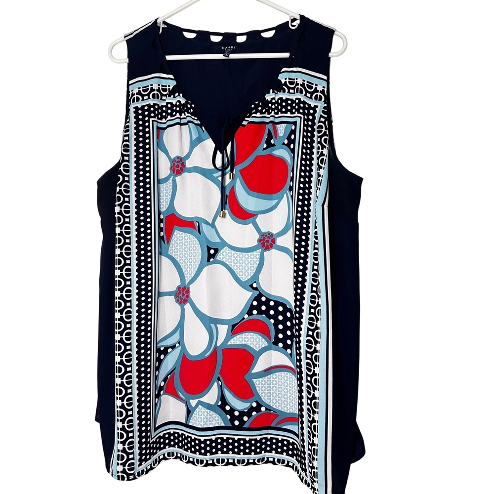 Kaari Blue Curvy Womens 3X Sleeveless Floral Scarf Print‎ Blouse Navy Red Blue